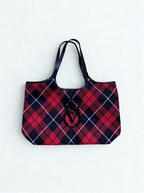 Victoria’s Secret Red Tartan Plaid Black Faux Leather Handle Tote Bag